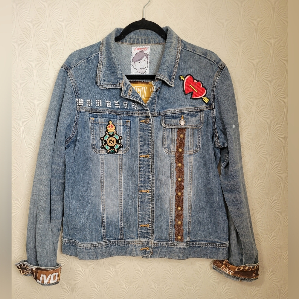 Decorated Old Navy Denim Jean Jacket with Patches DIY size Small Rolling Stones
